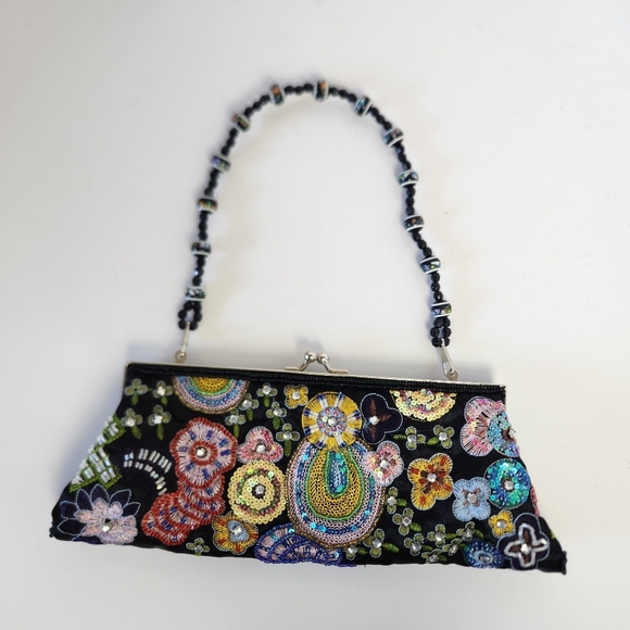 ❤️Sold!❤️ Vintage Black Embroidered Beaded Sequins Evening Bag Clutch Purse Y2K - Picture 2 of 10